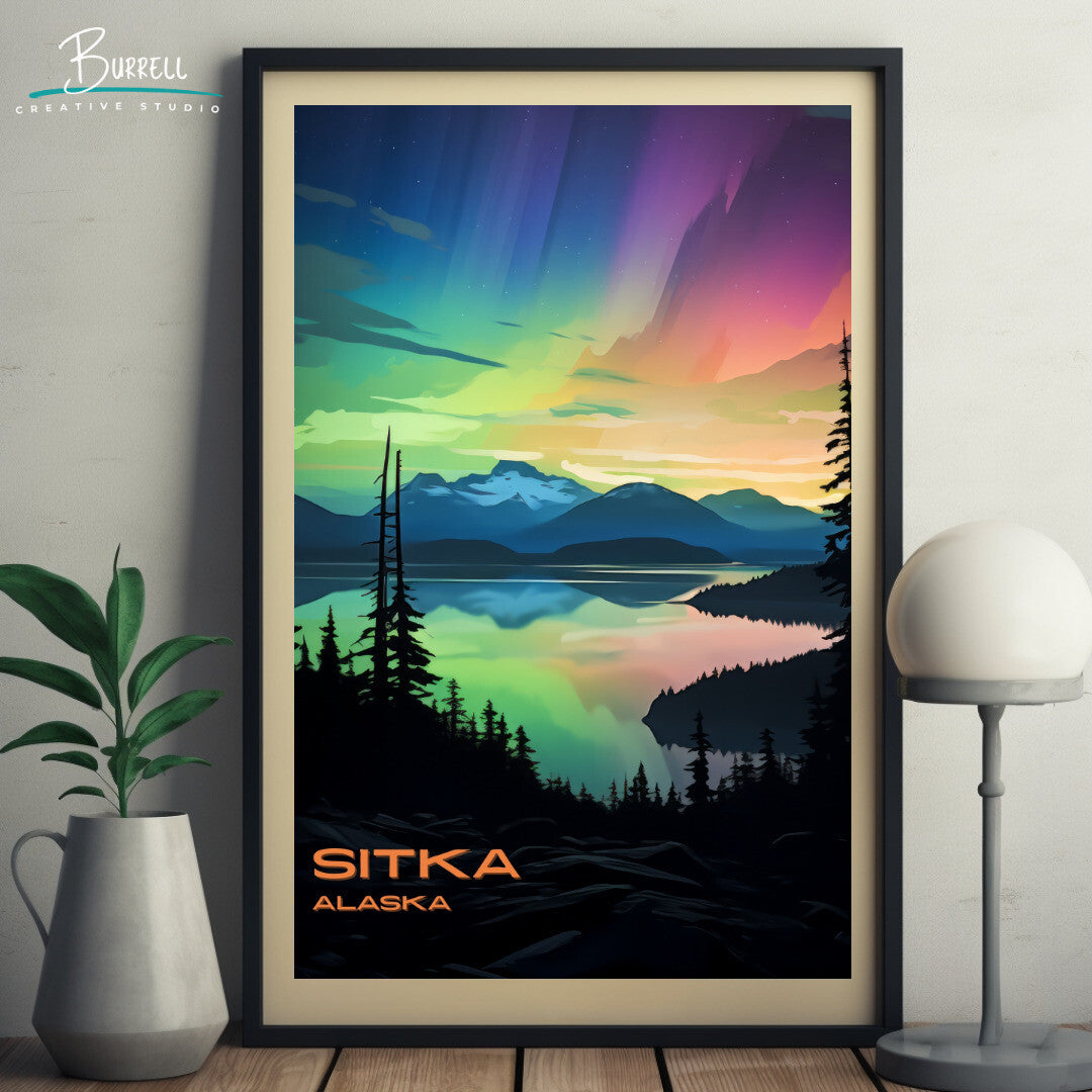 Sitka Northern Lights Wall Art Poster Print | Sitka Alaska Travel Poster | Home Decor