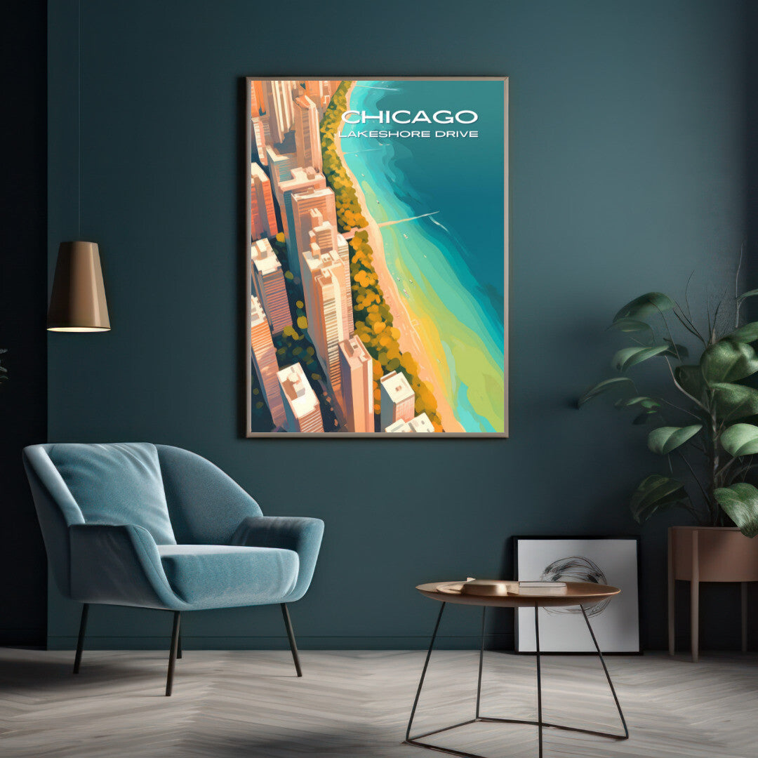 Chicago Lakeshore Drive Aerial View Wall Art Poster Print | Chicago Illinois Travel Poster | Home Decor