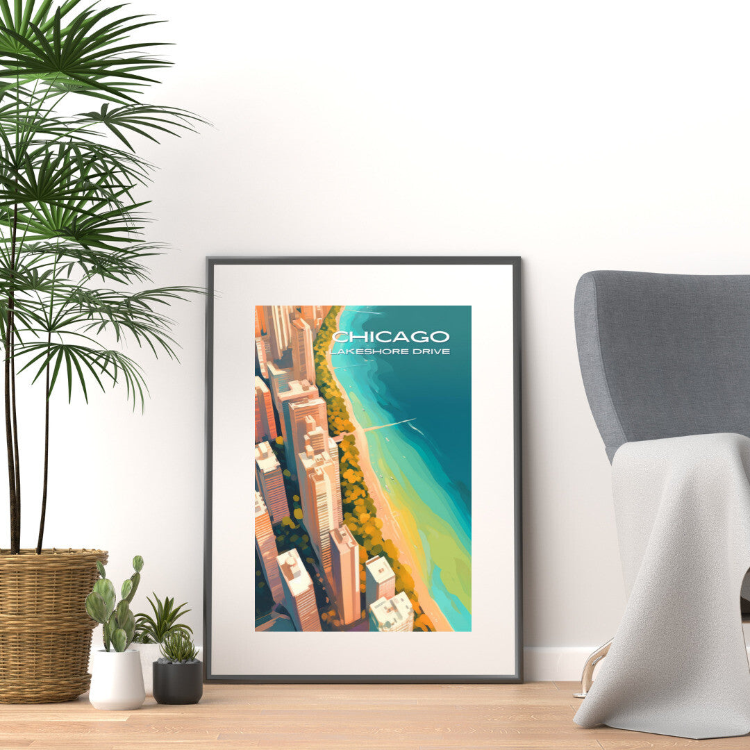 Chicago Lakeshore Drive Aerial View Wall Art Poster Print | Chicago Illinois Travel Poster | Home Decor