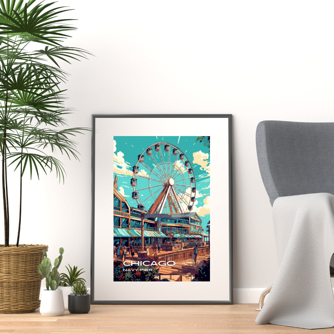 Chicago Festive Navy Pier Wall Art Poster Print | Chicago Illinois Travel Poster | Home Decor
