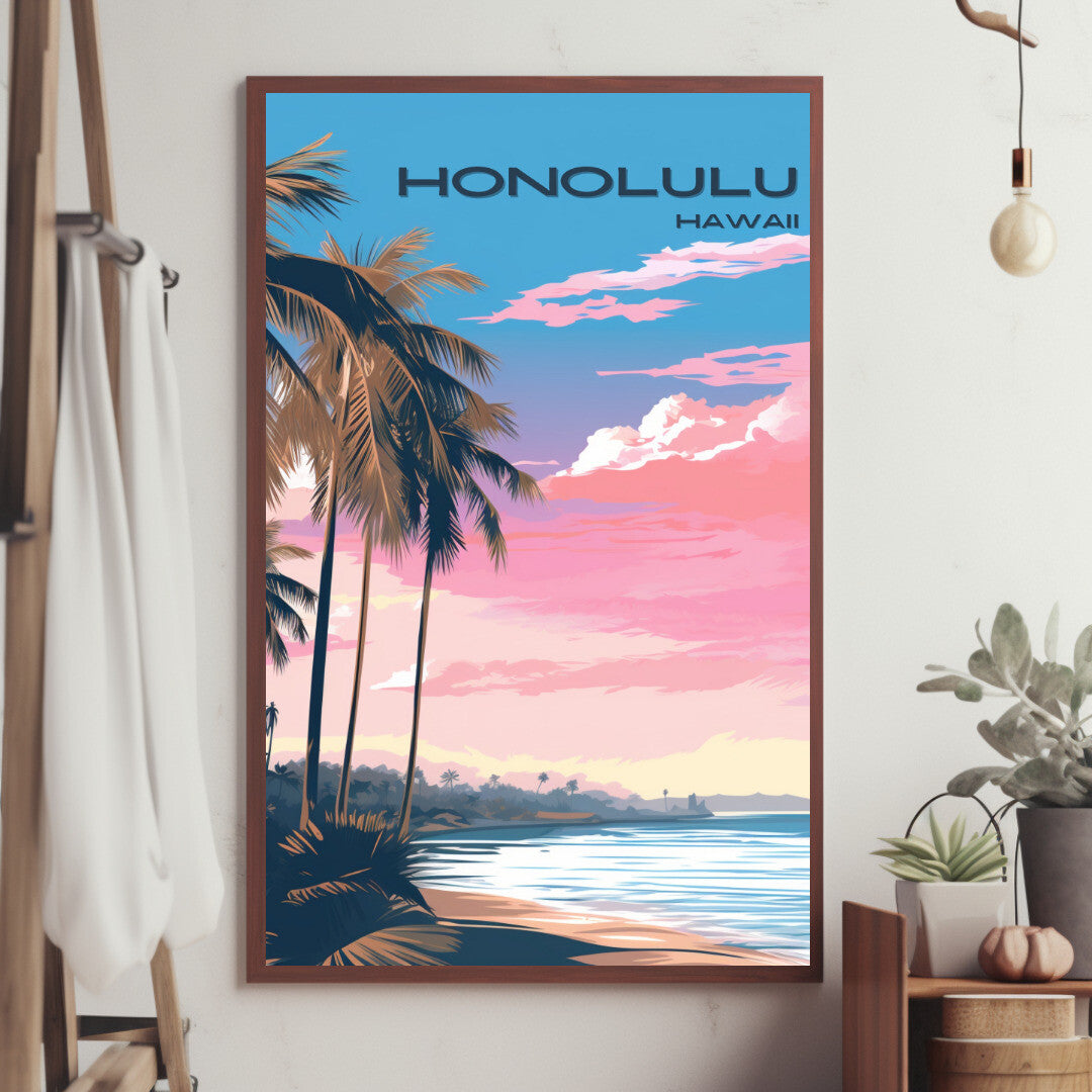 Honolulu Beach View Wall Art Poster Print | Honolulu Hawaii Travel Poster | Home Decor
