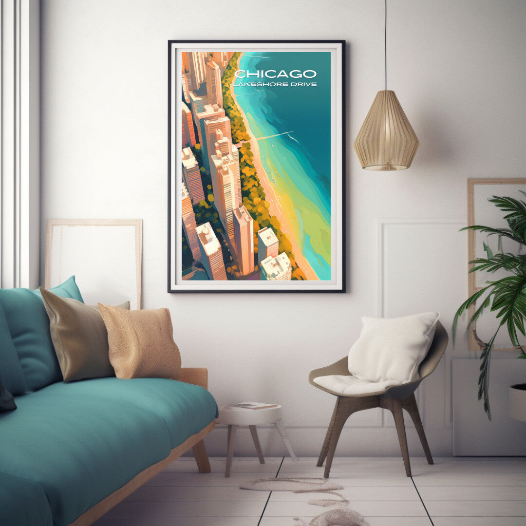 Chicago Lakeshore Drive Aerial View Wall Art Poster Print | Chicago Illinois Travel Poster | Home Decor