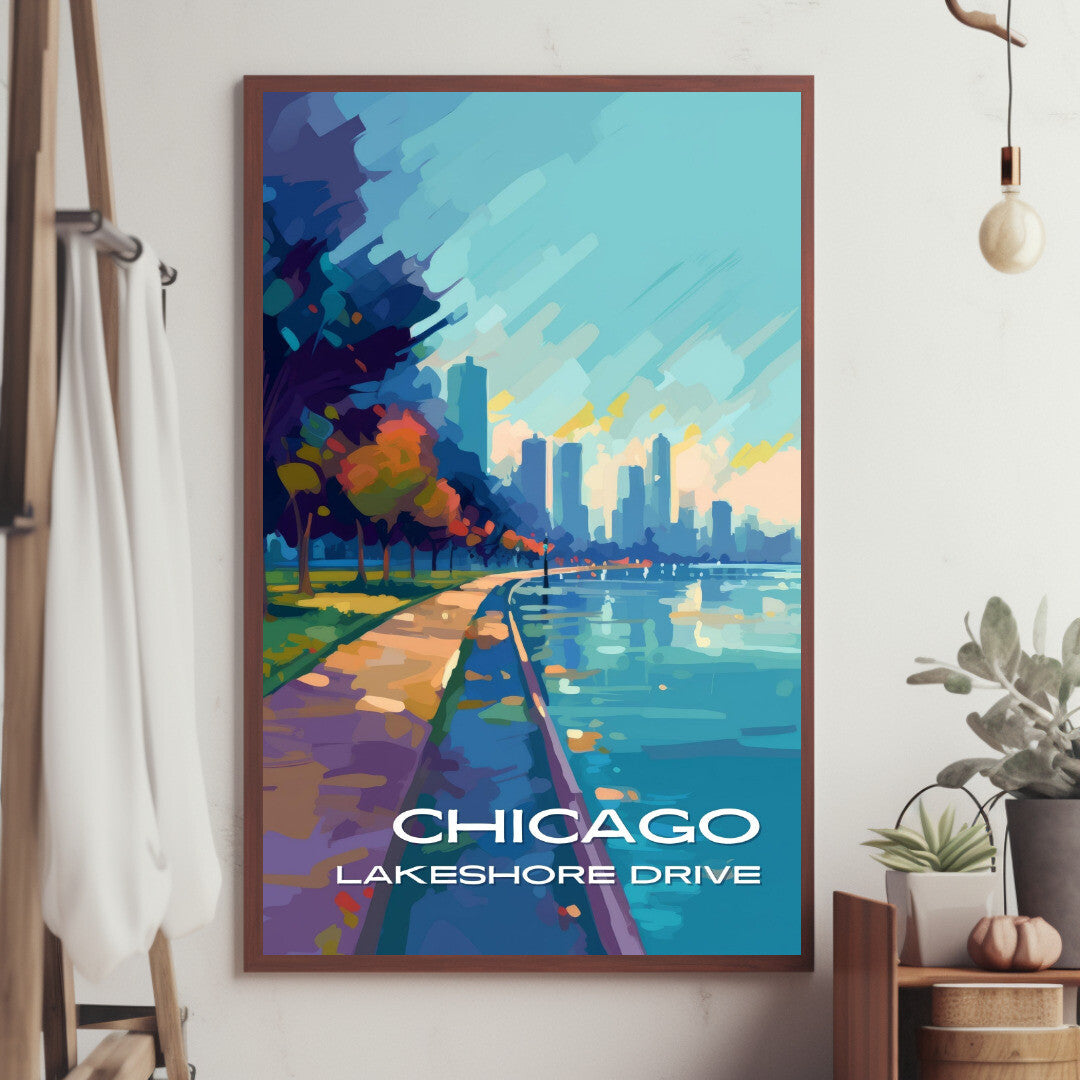 Chicago Lakeshore Drive Walking Path Wall Art Poster Print | Chicago Illinois Travel Poster | Home Decor