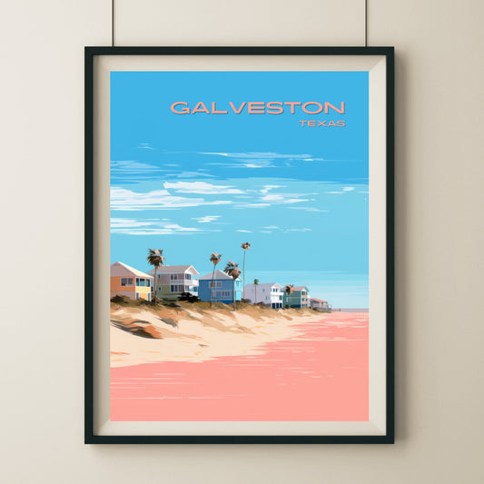 Galveston Beach Homes Wall Art Poster Print | Galveston Texas Travel Poster | Home Decor