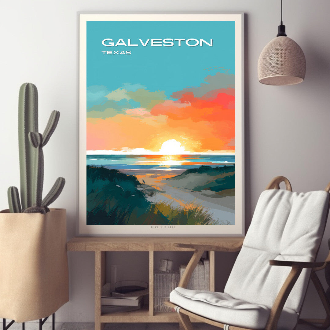 Galveston Beach Sunset Wall Art Poster Print | Galveston Texas Travel Poster | Home Decor