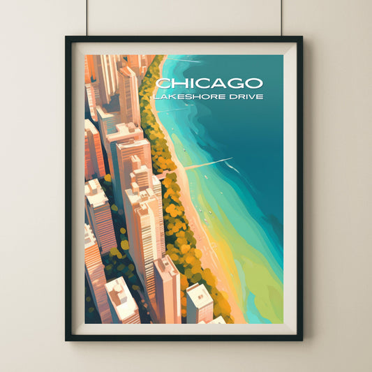 Chicago Lakeshore Drive Aerial View Wall Art Poster Print | Chicago Illinois Travel Poster | Home Decor
