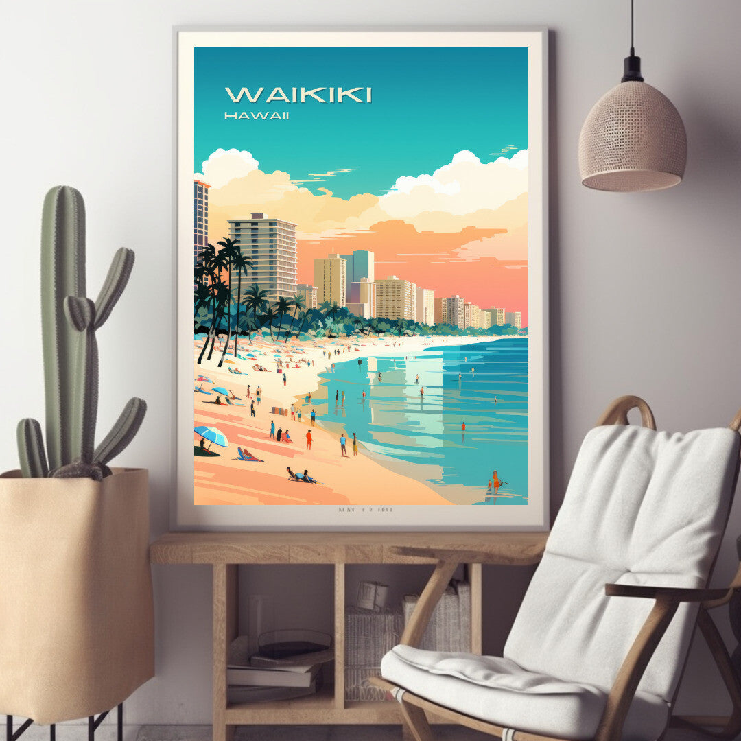 Waikiki Beach View Wall Art Poster Print | Waikiki Hawaii Travel Poster | Home Decor